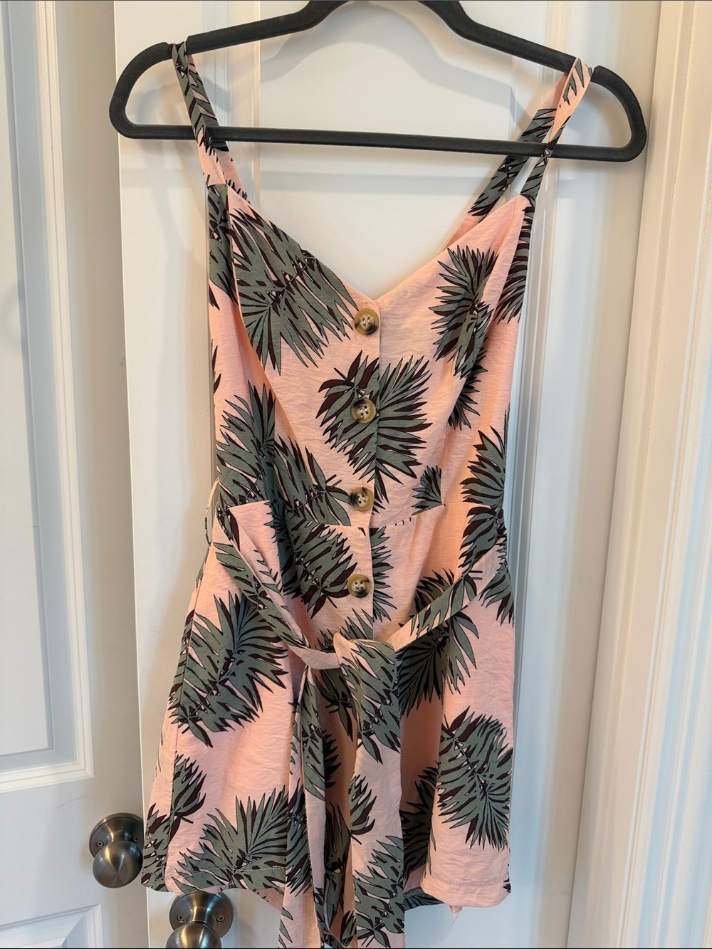 Lush Pink Palm-Print Midi Dress with Green Leaf Pattern